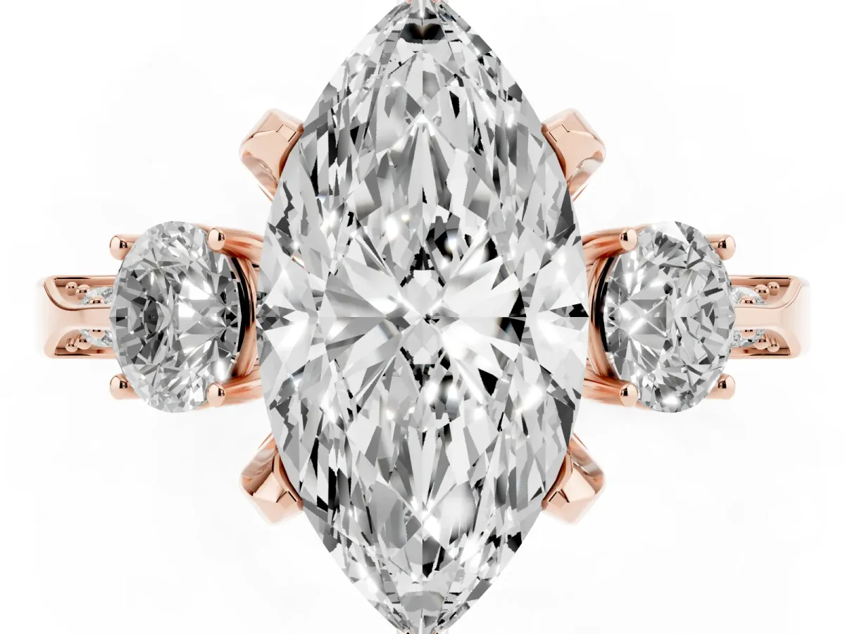 Marquise Cut Brilliant Three-Stone Diamond Ring with Pavé Band and Four-Prong Setting Rose gold