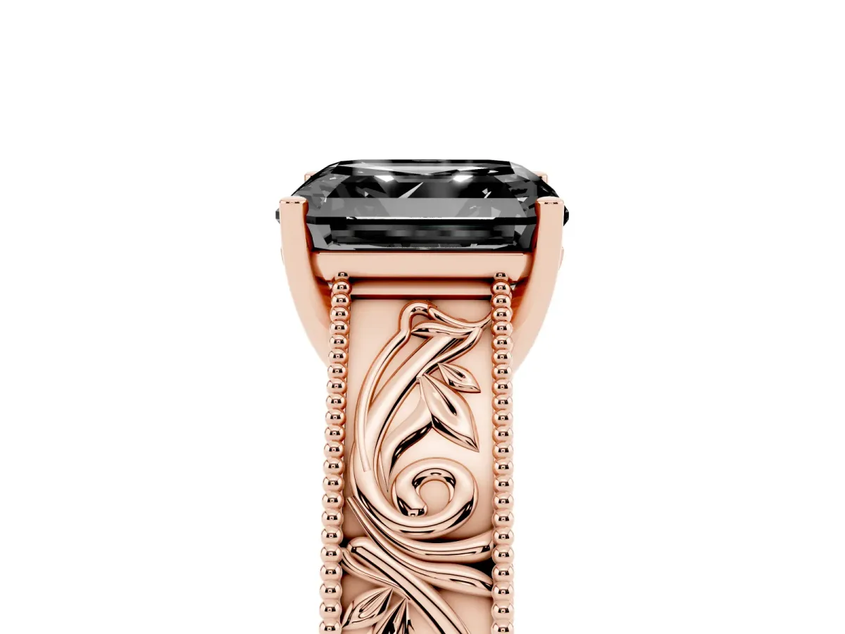 Fancy Black Asscher Cut Diamond Solitaire Ring with Engraved Band and Four-Prong Setting Rose gold