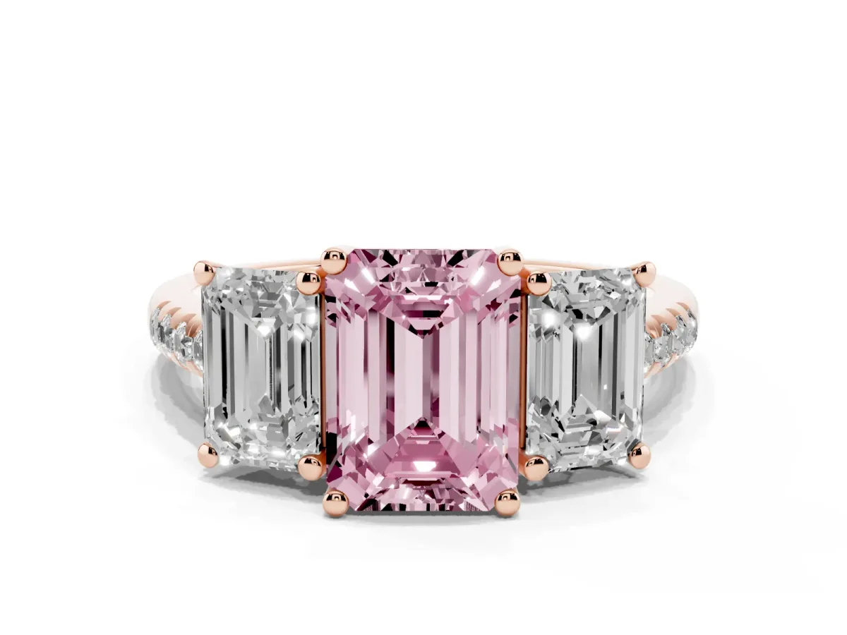 Fancy Pink Three-Stone Emerald Cut Diamond Ring with Round Pavé Band and Prong Setting Rose gold