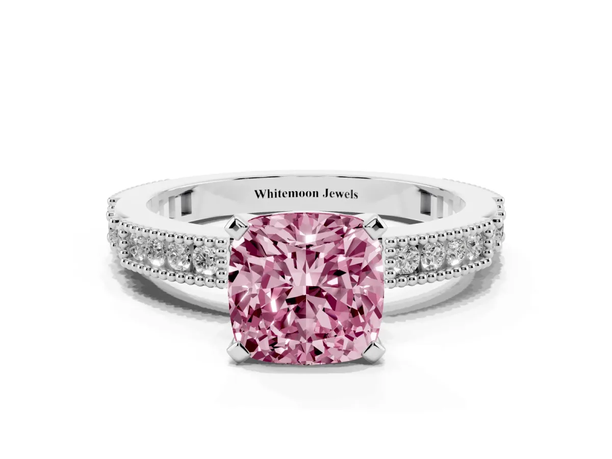 Fancy Pink Cushion Cut Solitaire with Pavé Band and Four-Prong Setting Silver