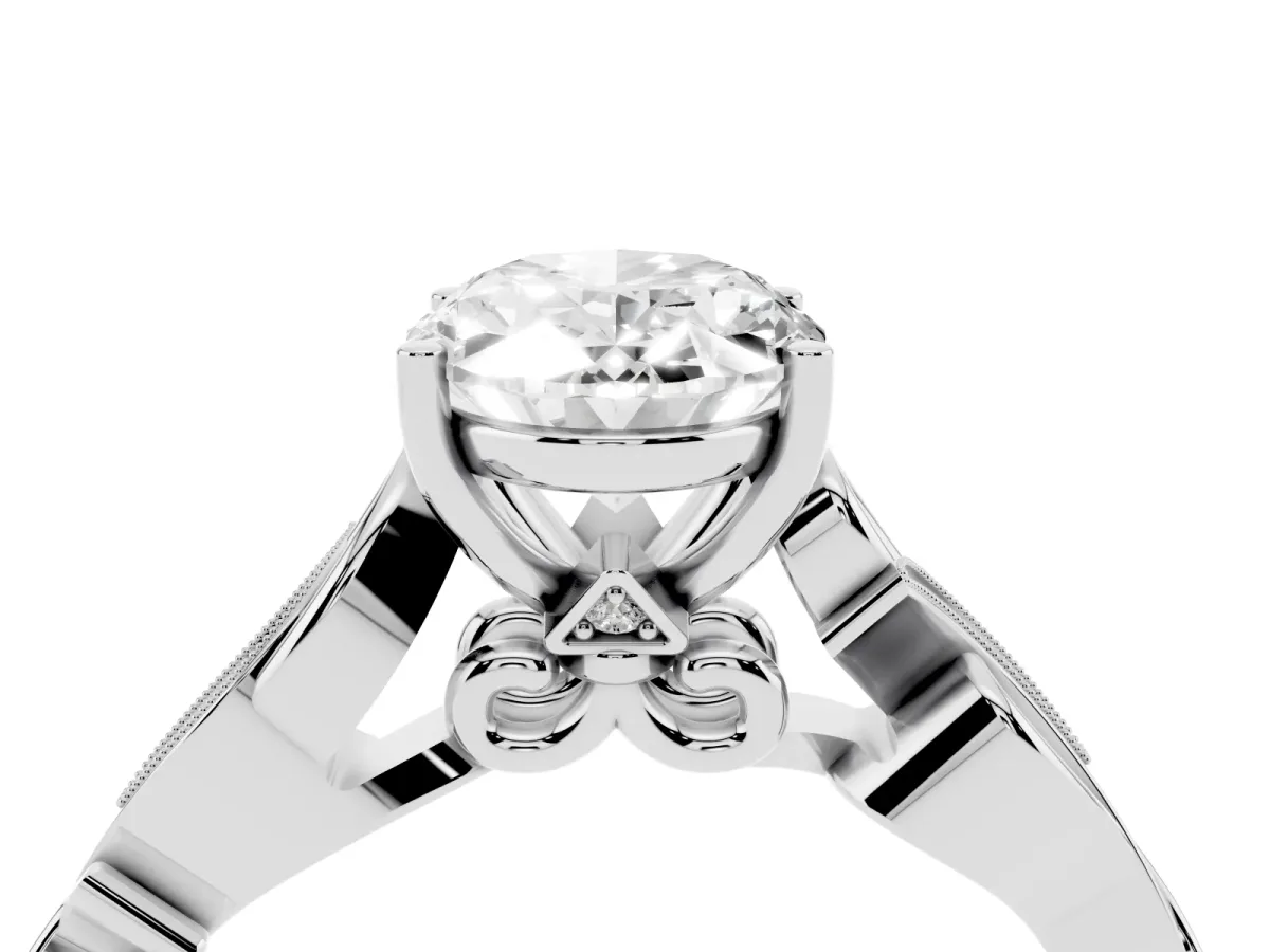 Oval Cut Solitaire Vine Band with Milgrain Prong Setting White gold
