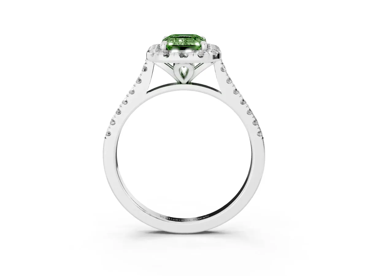 Fancy Green Emerald Cut Diamond Cushion Halo Ring with Pavé Band Silver