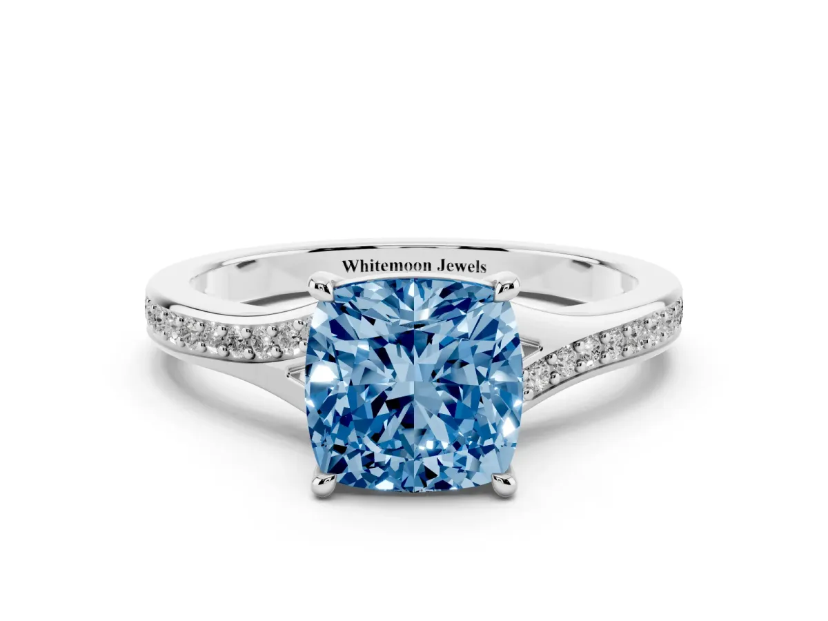 Fancy Blue Cushion Cut Diamond Solitaire Ring with Pavé Band and Prong Setting Silver