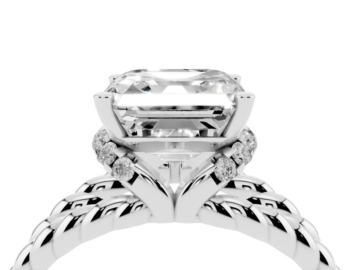 Asscher Cut Halo Twisted Band Four-Prong Ring Silver