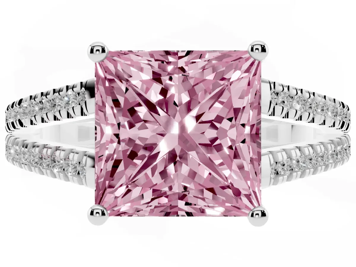 Fancy Pink Princess Cut Diamond Solitaire Engagement Ring with Split Shank Pavé Band Silver