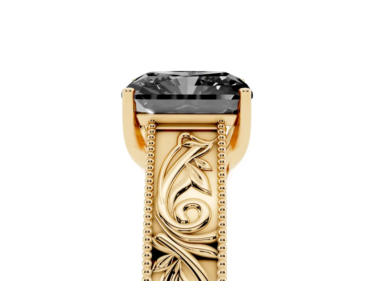 Fancy Black Radiant Cut Diamond Solitaire Ring with Engraved Band and Four-Prong Setting Yellow gold