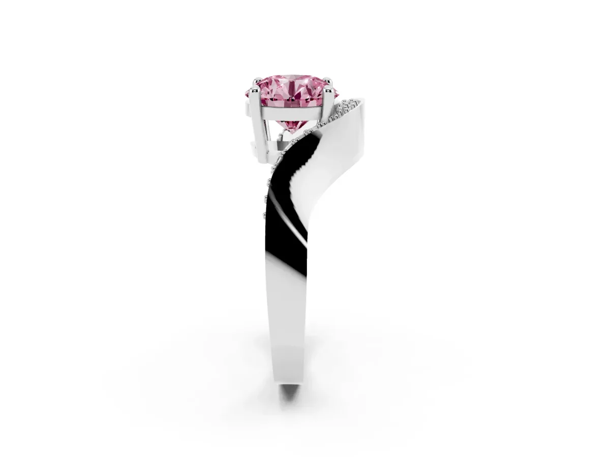 Fancy Pink Round Cut Solitaire Diamond Engagement Ring with Pave Band and Four-Prong Setting Platinum