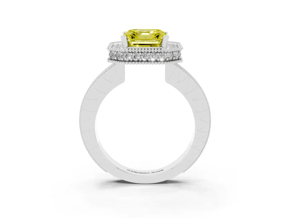 Fancy Yellow Asscher Cut Diamond Milgrain Halo Engagement Ring with Round Pavé Band and Prong Setting Platinum