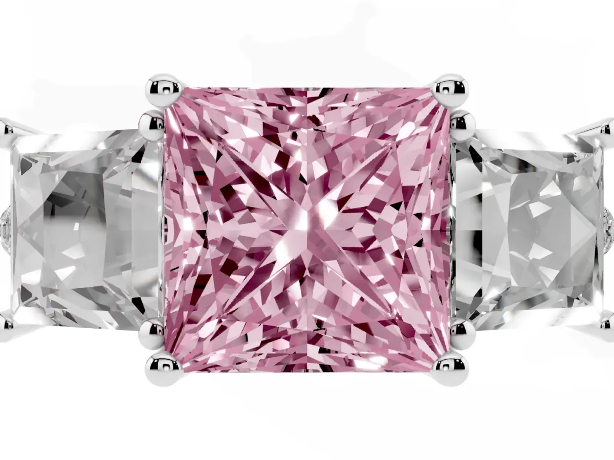 Fancy Pink Three-Stone Princess Cut Diamond Ring with Round Pavé Band and Prong Setting Silver