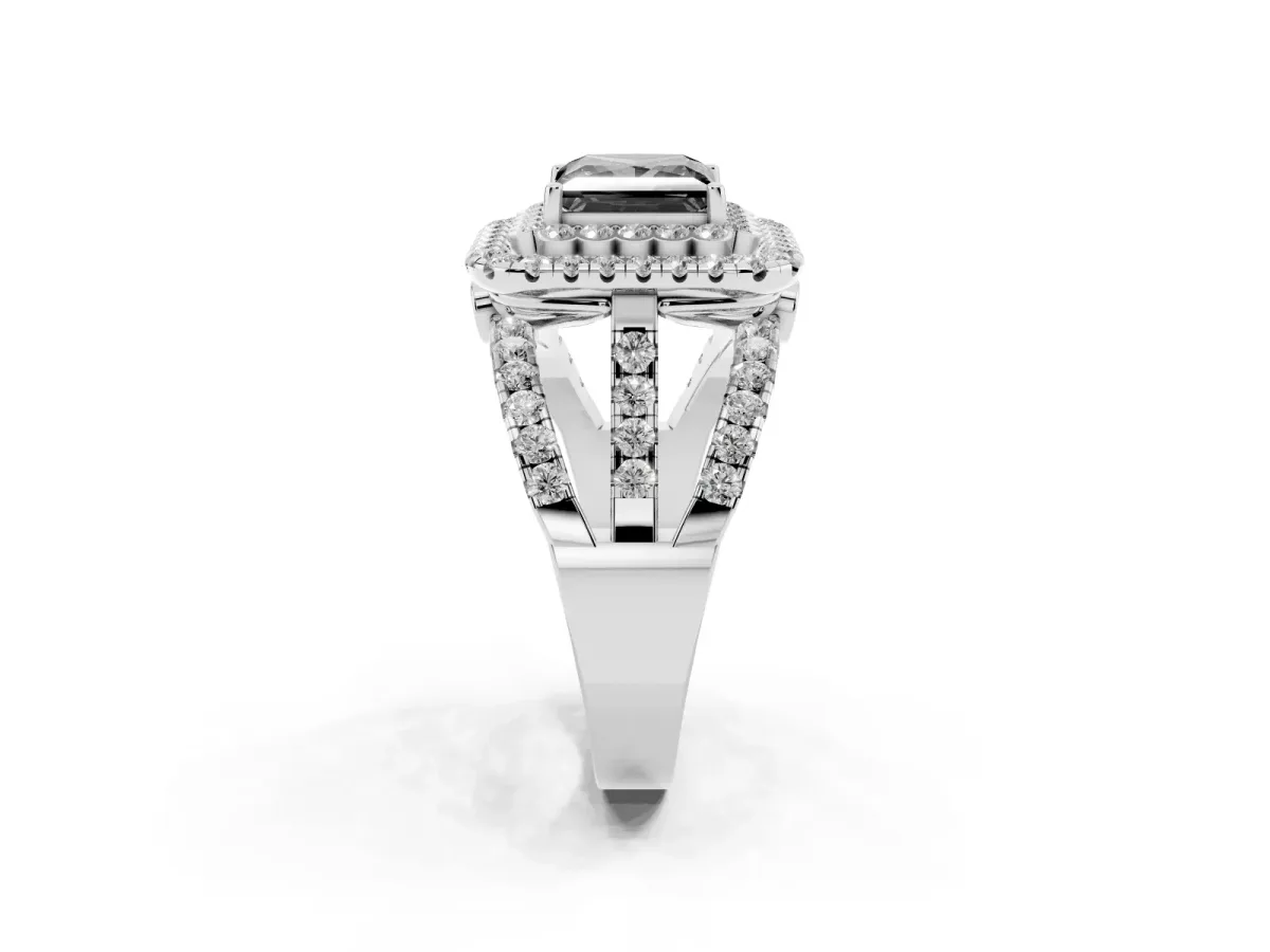 Fancy Black Princess Cut Diamond Double Halo Ring with Round Pavé Split Shank and Prong Setting Silver