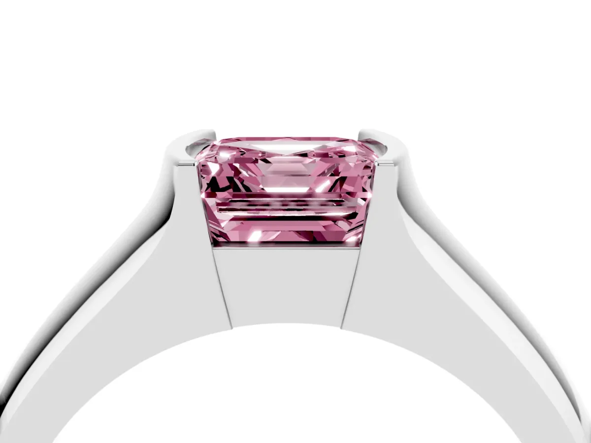 Fancy Pink Asscher Cut Solitaire Bezel Set Diamond Ring with Wide Band Silver
