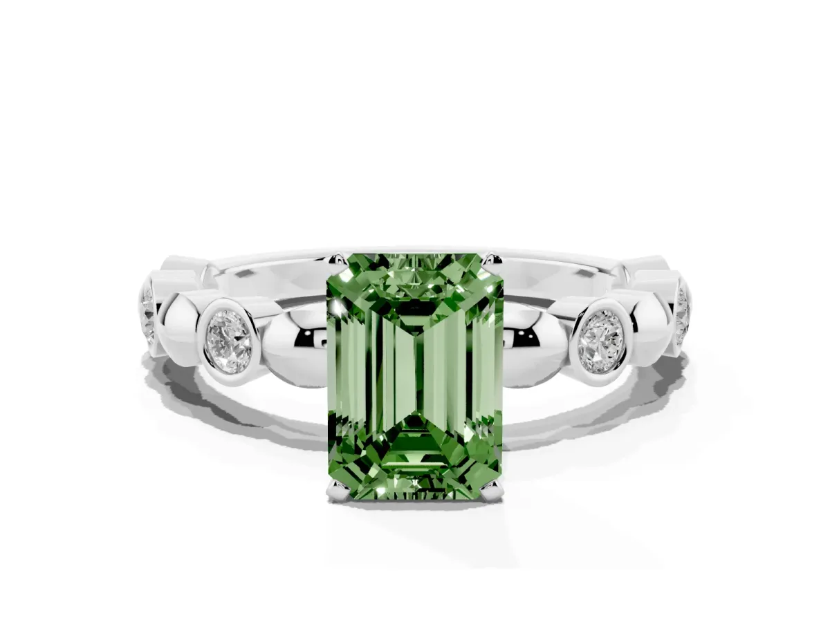 Fancy Green Emerald Cut Solitaire Bezel-Set Diamond Ring with Beaded Band and Four-Prong Setting Silver