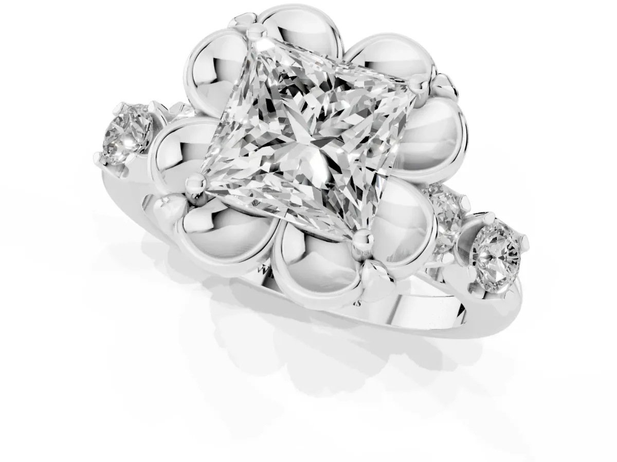 Princess Cut Cut Diamond Floral Halo Engagement Ring with Shared Prong Setting Silver