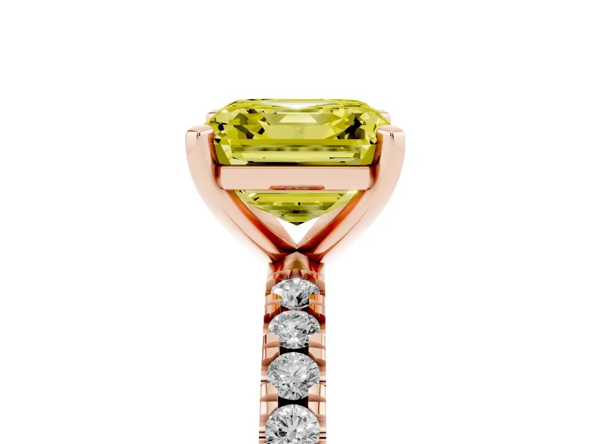 Fancy Yellow Asscher Cut Diamond Pavé Band Solitaire with Four-Prong Setting Rose gold