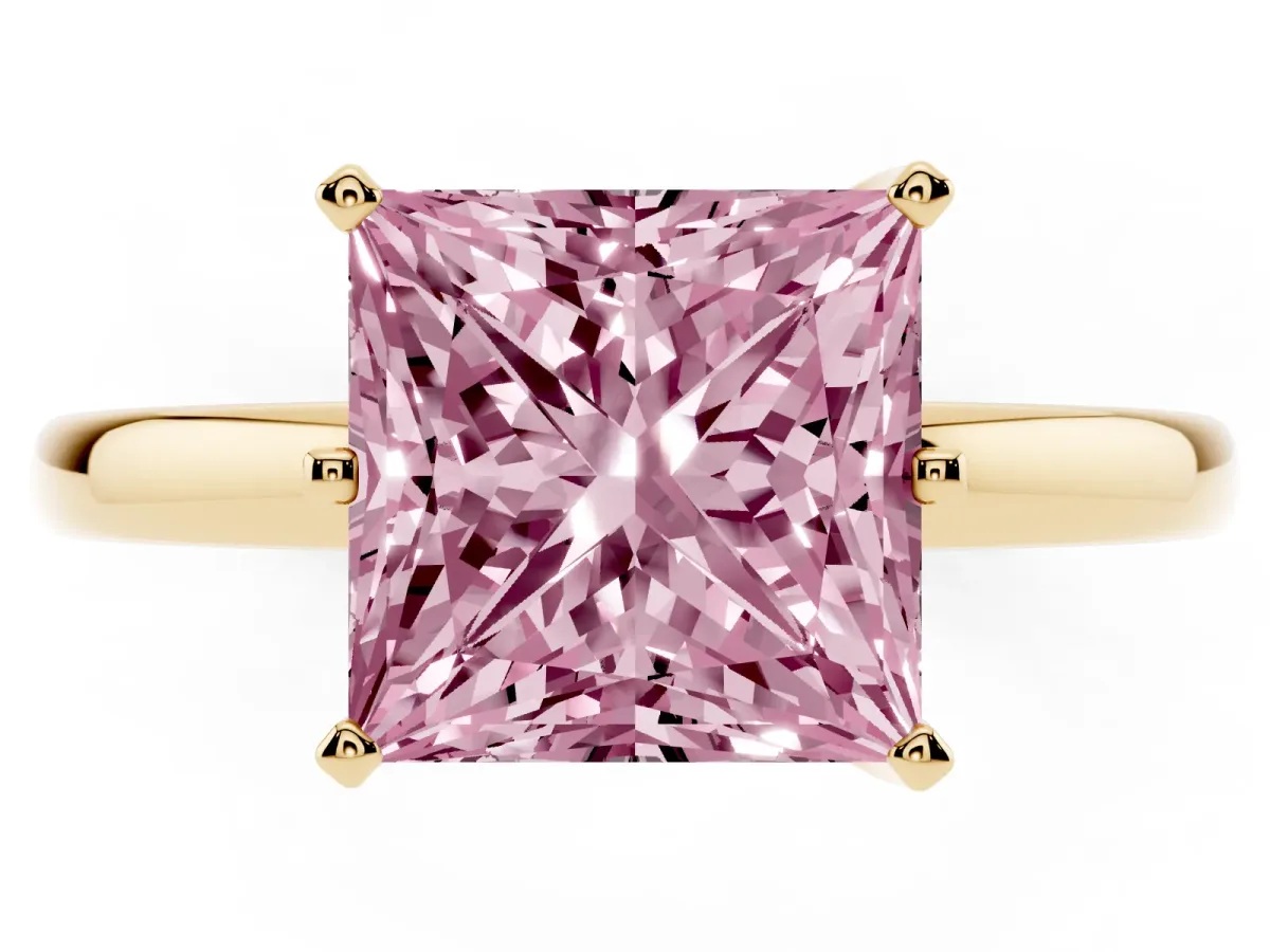Fancy Pink Princess Cut Solitaire Diamond Ring with Six-Prong Setting on a Classic Band Yellow gold