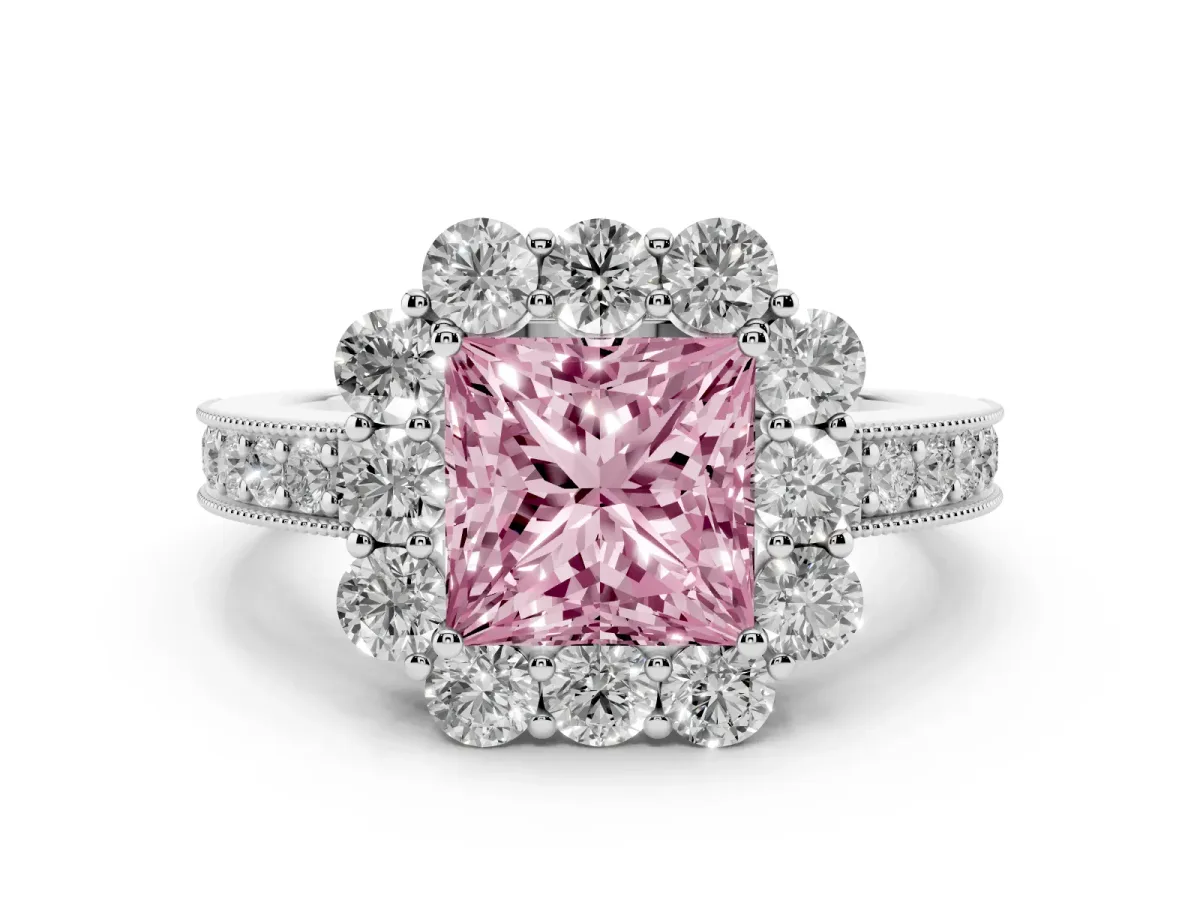 Fancy Pink Princess Cut Cut Halo Diamond Pavé Engagement Ring with Milgrain Detailing White gold