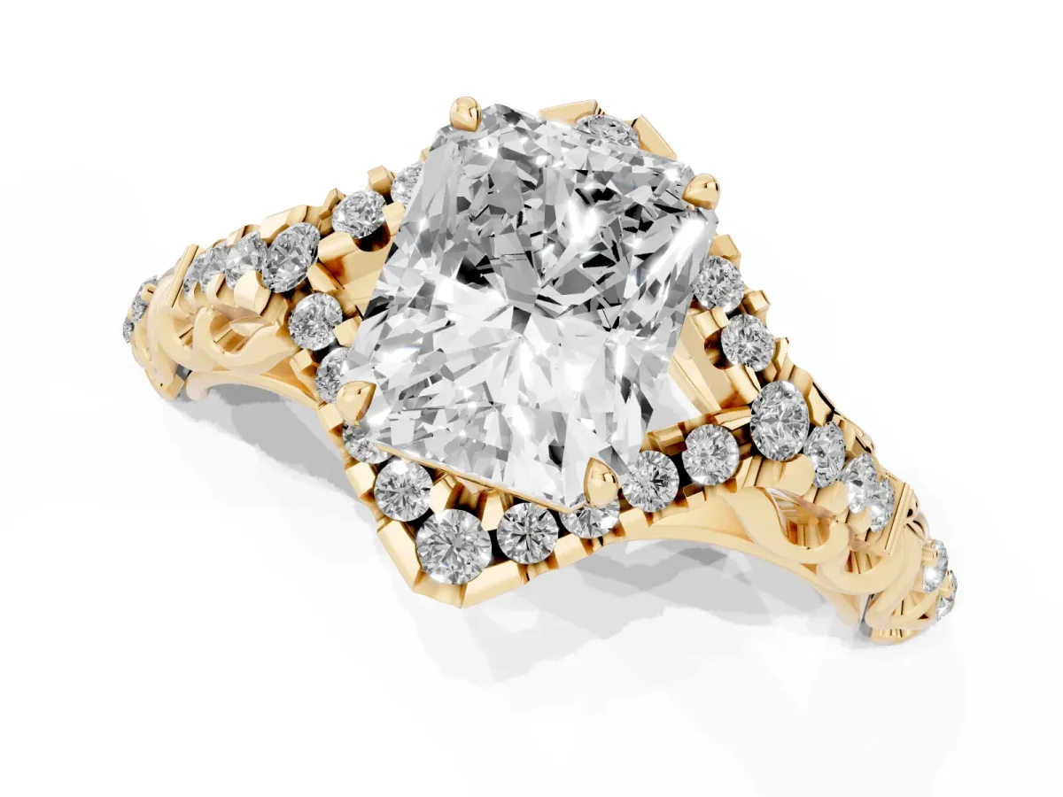 Radiant Cut Diamond Solitaire Ring with Hidden Halo and Pavé Band Yellow gold
