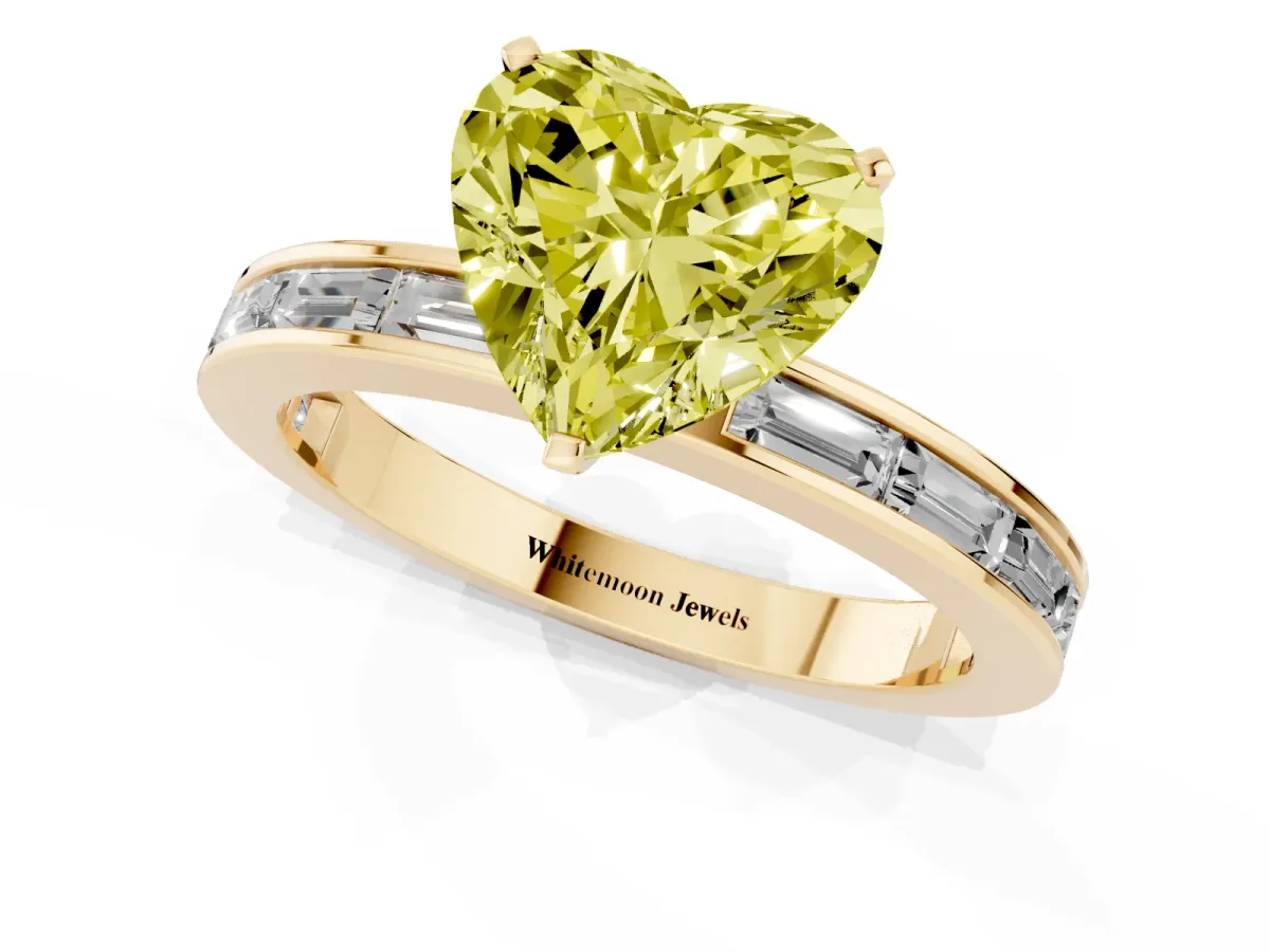 Fancy Yellow Heart Cut Solitaire Diamond Ring with Channel-Set Baguette Band and Four-Prong Setting Yellow gold