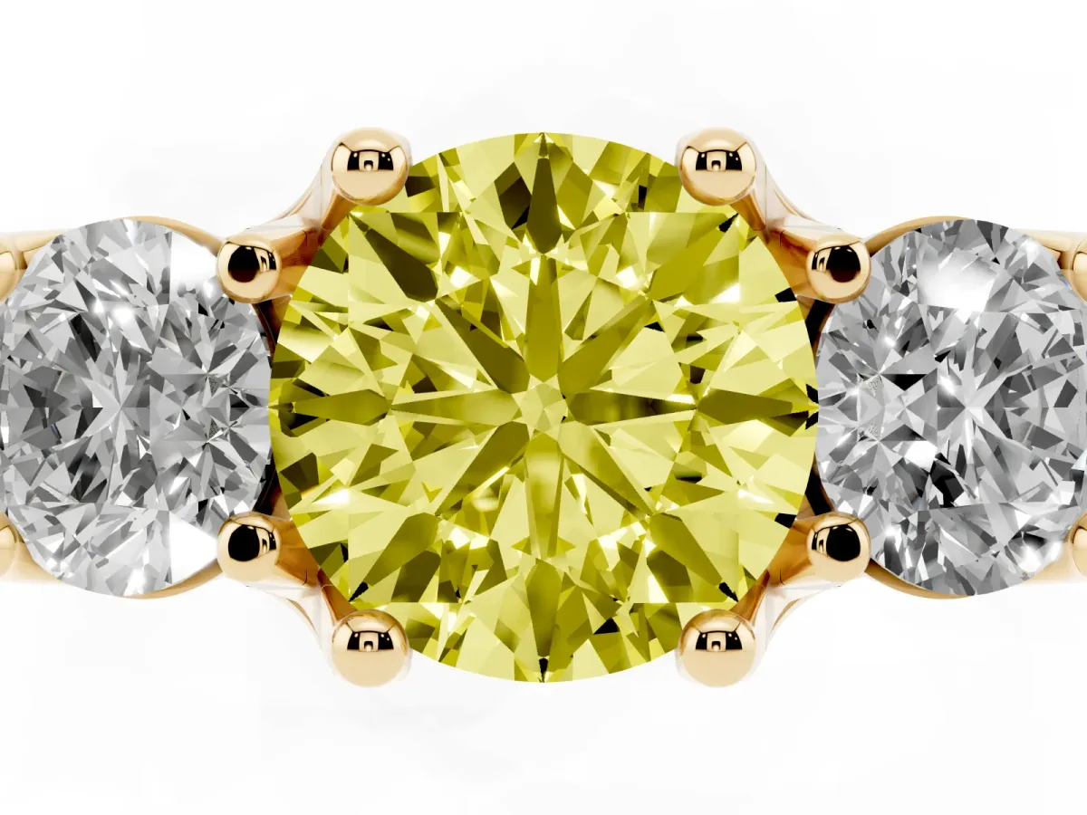 Fancy Yellow Round Cut Diamond Three-Stone Ring with Channel Set Band and Four-Prong Setting Yellow gold