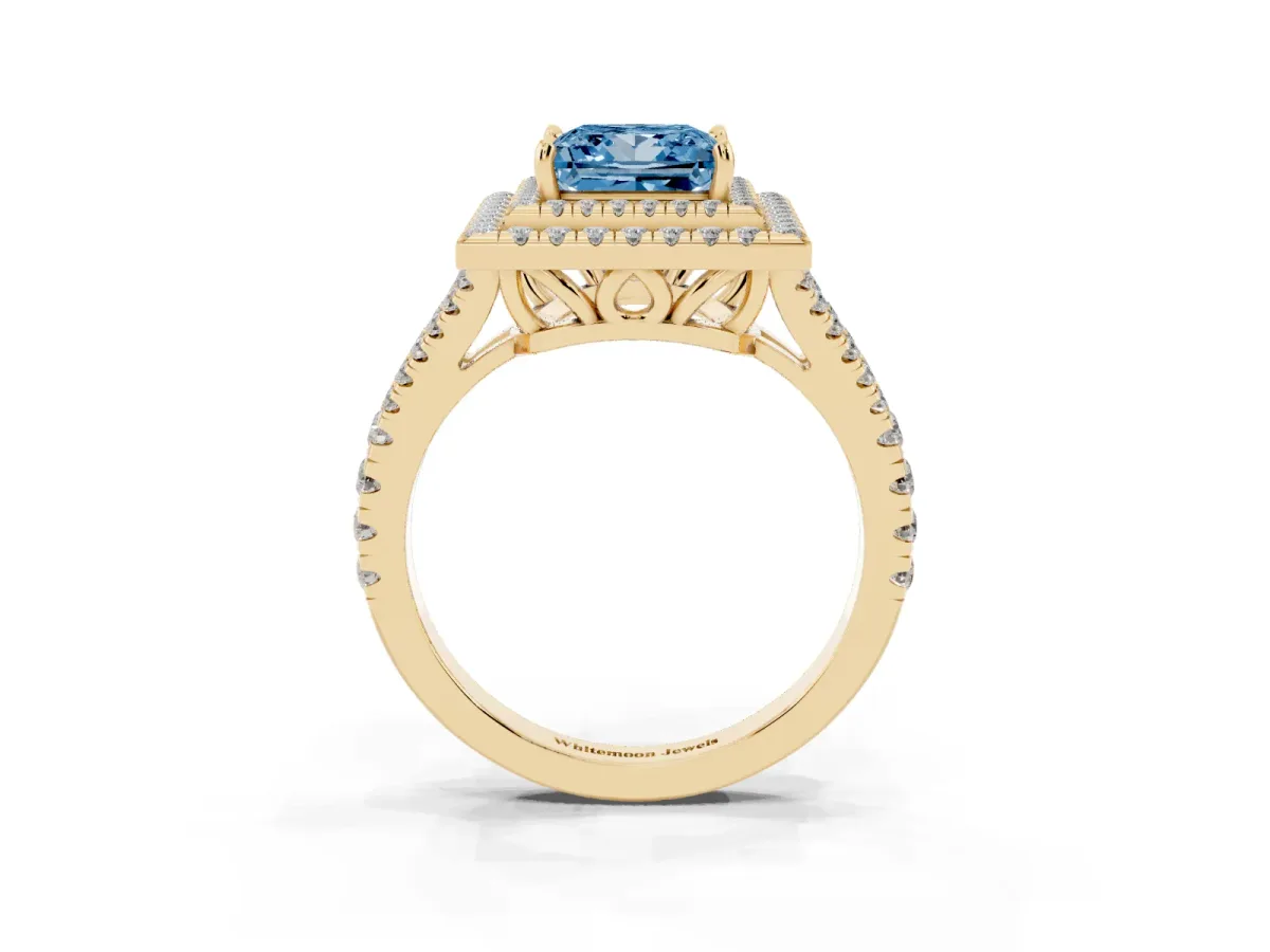 Fancy Blue Princess Cut Diamond Double Halo Ring with Pavé Band and Prong Setting Yellow gold