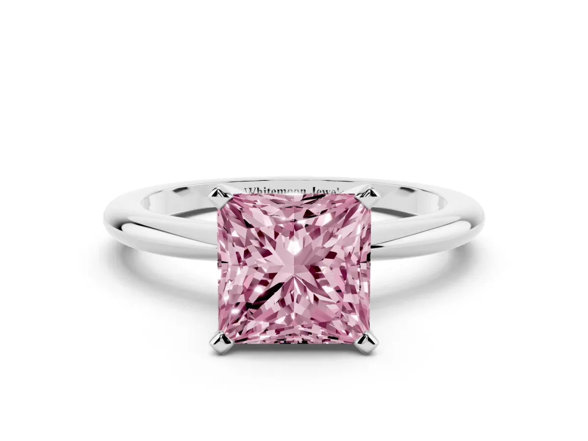 Fancy Pink Princess Cut Diamond Solitaire Ring with Prong Setting and Classic Band Platinum