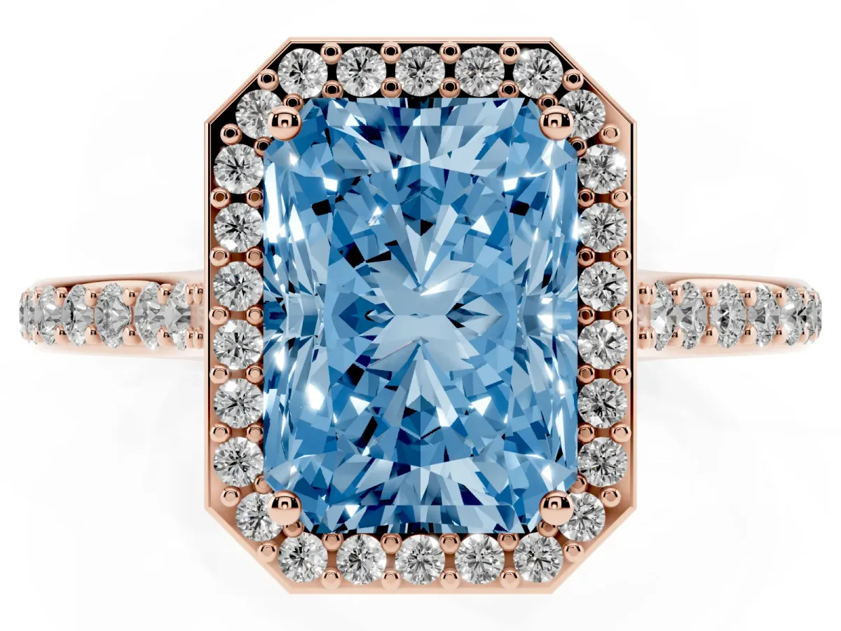 Fancy Blue Radiant Cut Diamond Halo Engagement Ring with Round Pavé Shoulders and Prong Setting Rose gold