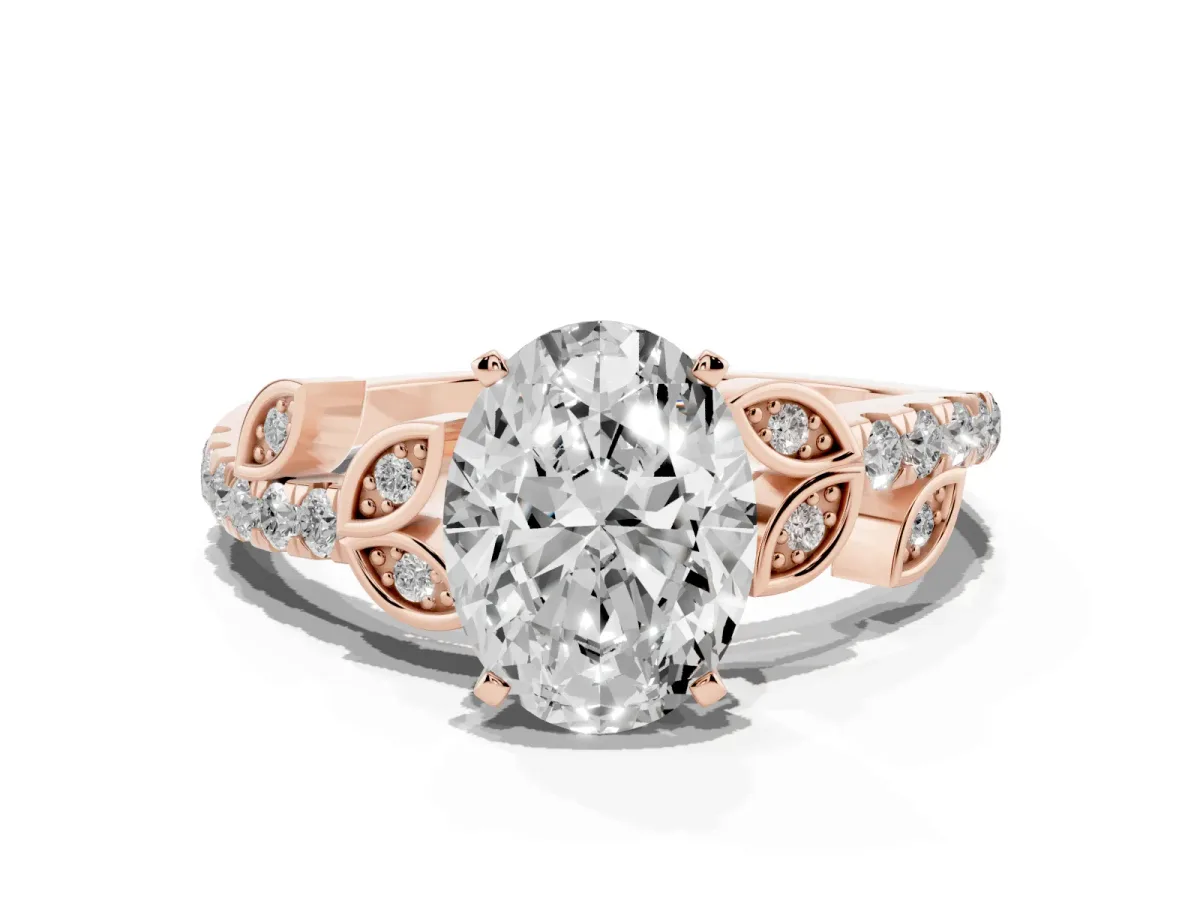 Oval Cut Solitaire Leaf-Inspired Diamond Ring with Pavé Band and Four-Prong Setting Rose gold
