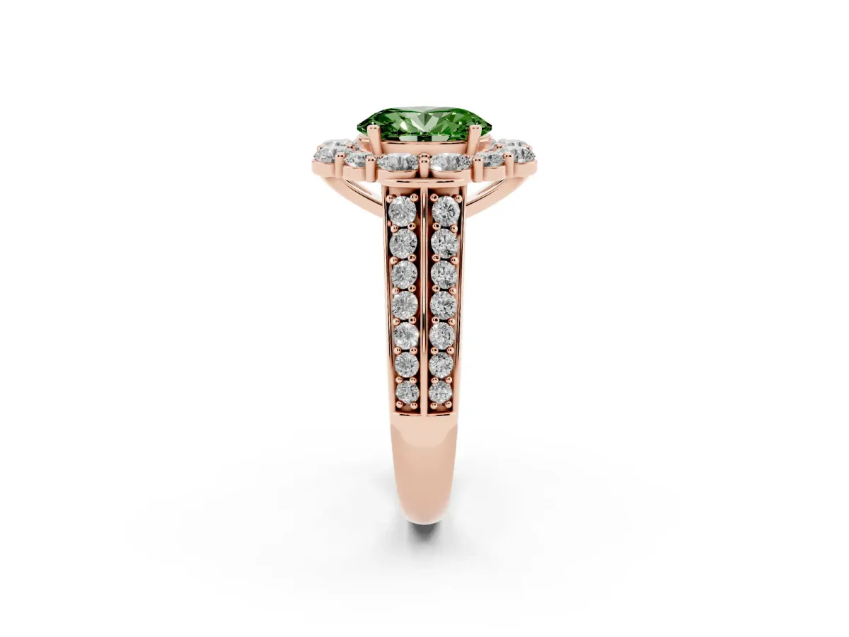 Fancy Green Oval Cut Halo Diamond Engagement Ring with Split Shank and Prong Setting Rose gold