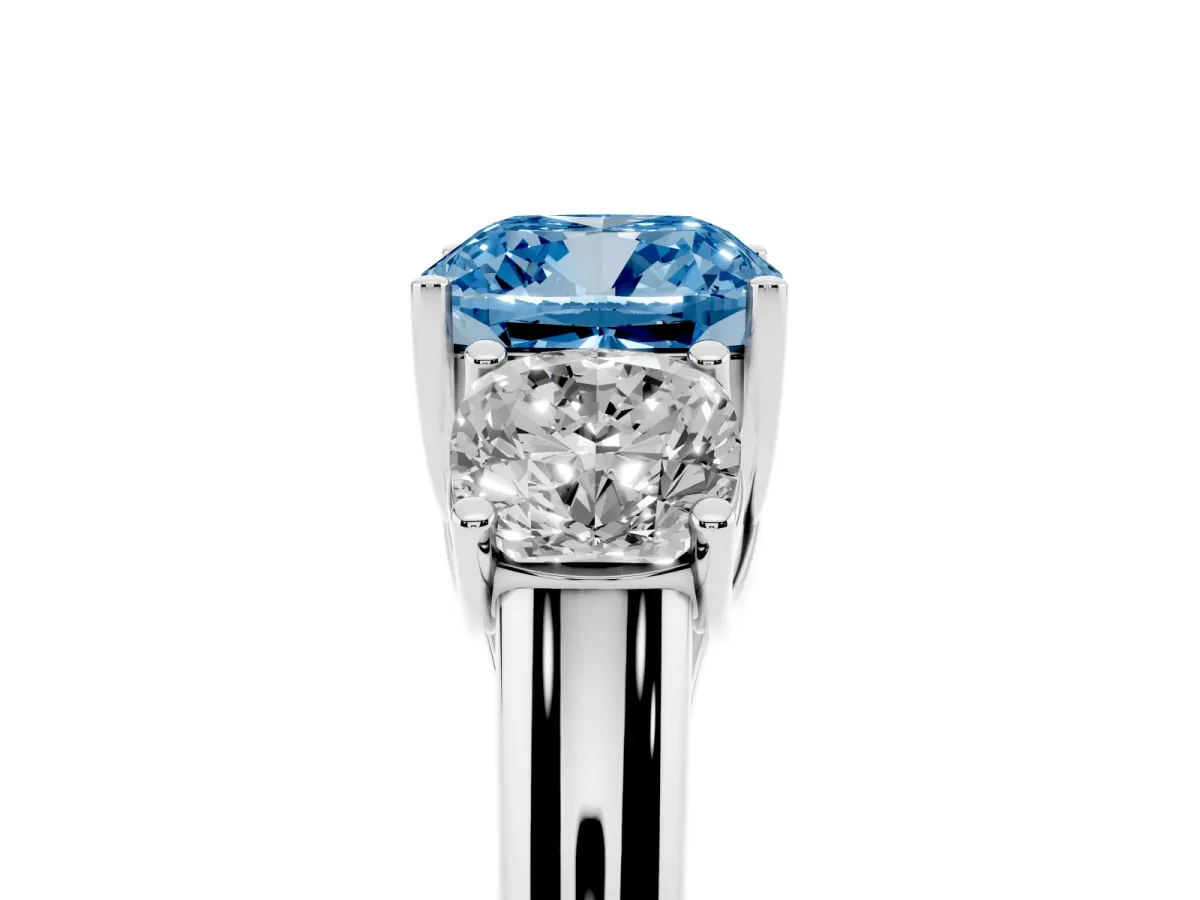 Fancy Blue Three-Stone Cushion Cut Diamond Engagement Ring with Prong Setting White gold