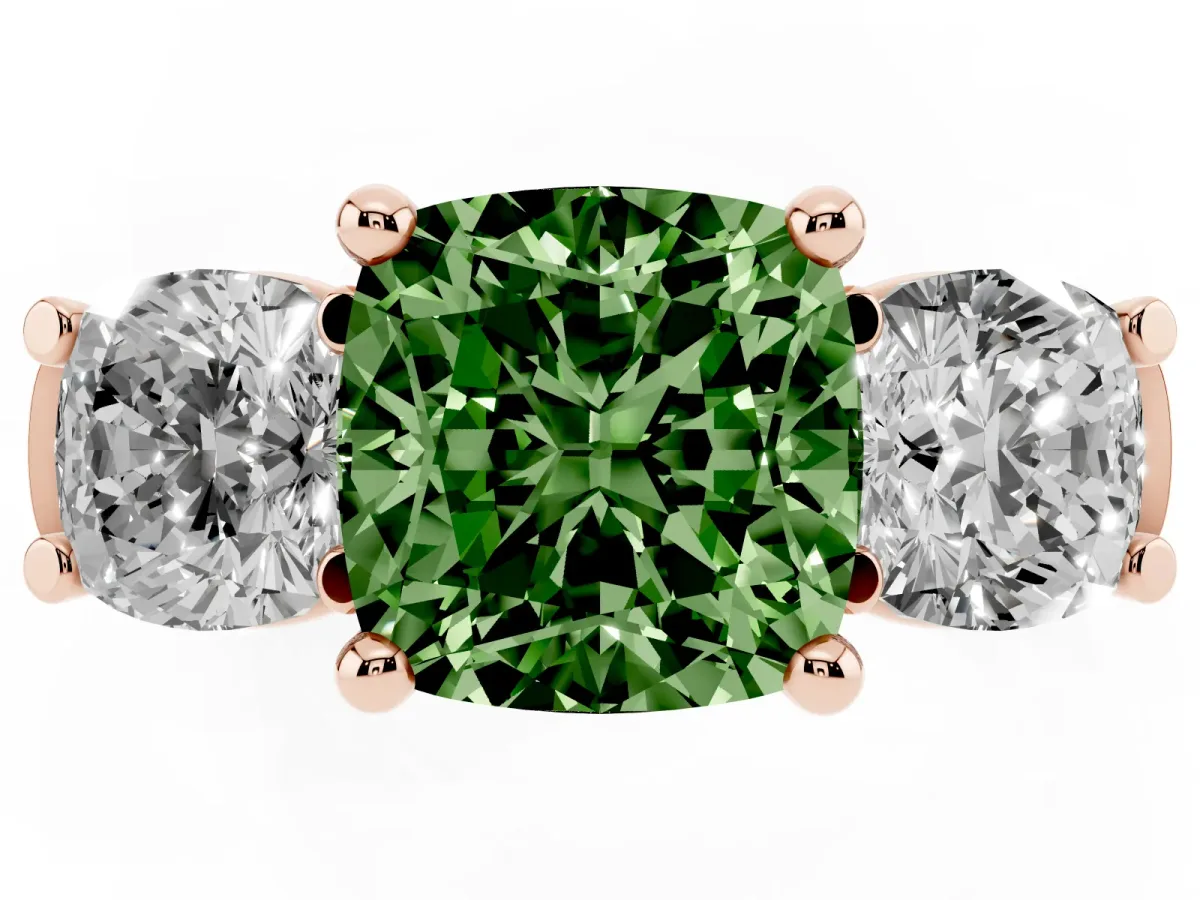 Fancy Green Three-Stone Cushion Cut Brilliant Diamond Trellis Ring with Comfort Fit Band Rose gold
