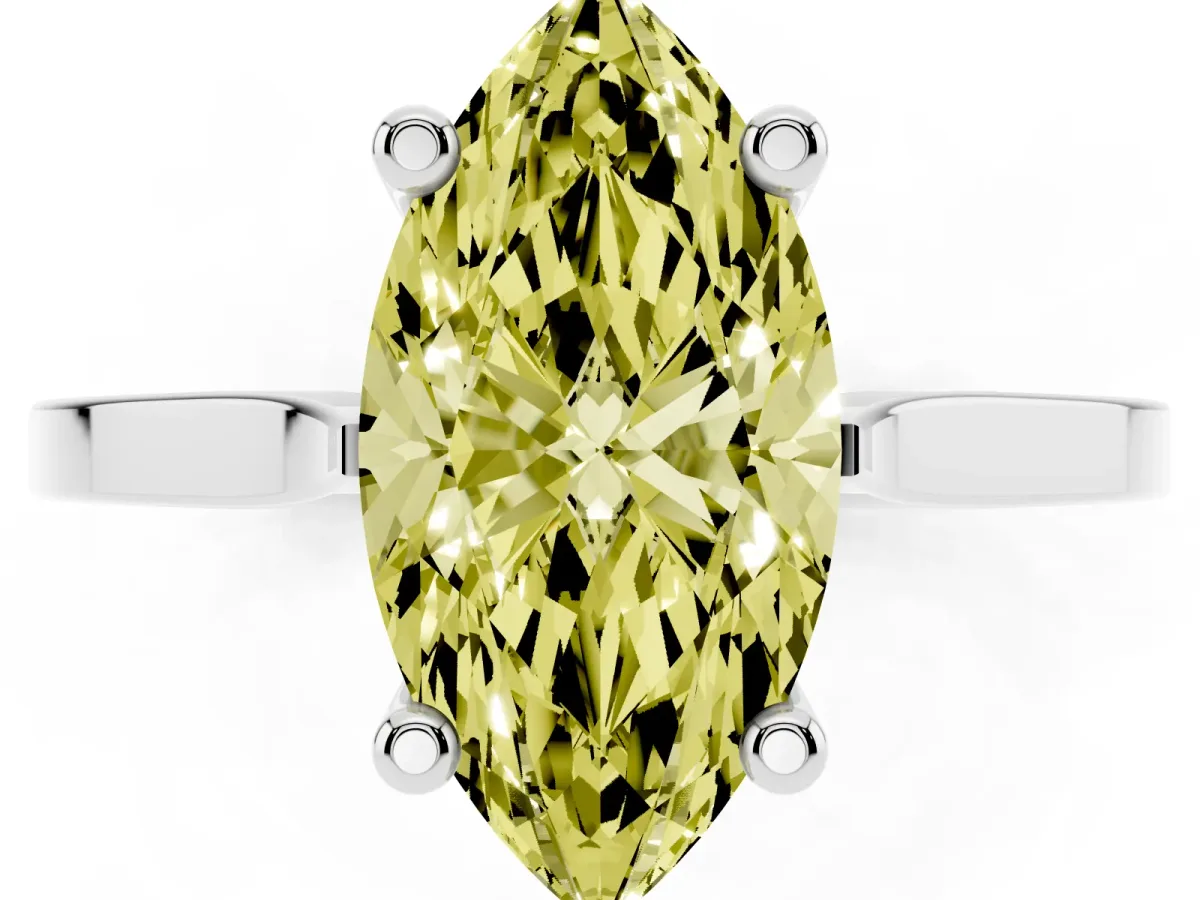 Fancy Yellow Marquise Cut Solitaire Diamond Ring with Four-Prong Setting and Tapered Band White gold