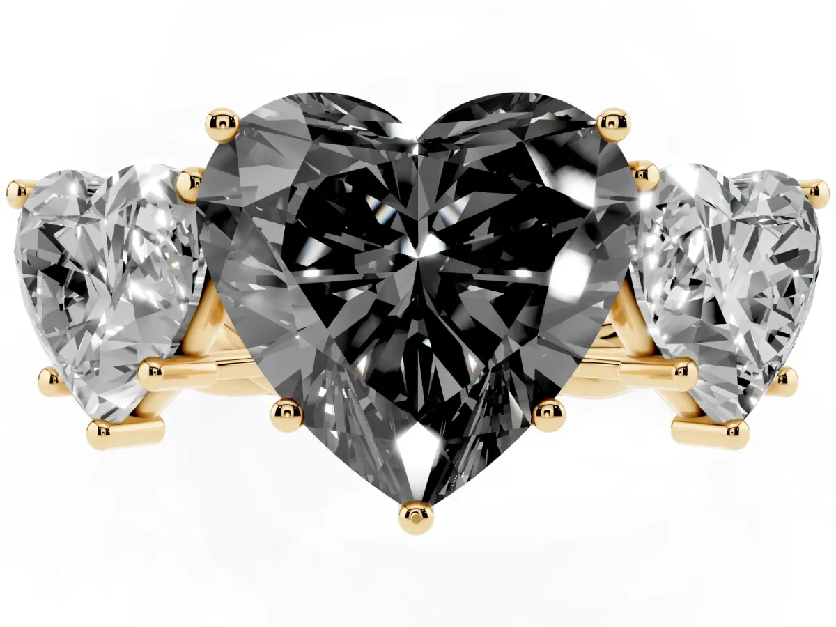 Fancy Black Three-Stone Heart Cut Diamond Braided Band Ring with Four-Prong Setting Yellow gold