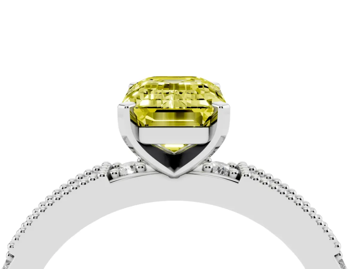 Fancy Yellow Emerald Cut Solitaire with Pavé Band and Four-Prong Setting Silver