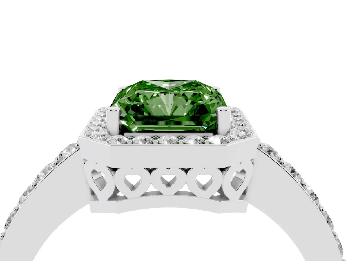 Fancy Green Radiant Cut Halo Diamond Pavé Band Ring with Prong Setting Silver