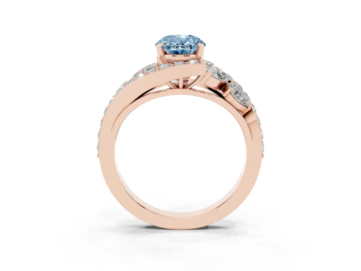 Fancy Blue Oval Cut Diamond Halo Ring with Marquise and Pavé Band in Prong Setting Rose gold