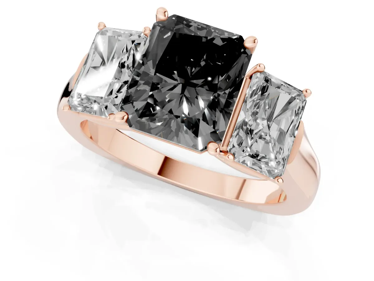 Fancy Black Three-Stone Radiant Cut Brilliant Diamond Trellis Ring with Comfort Fit Band Rose gold