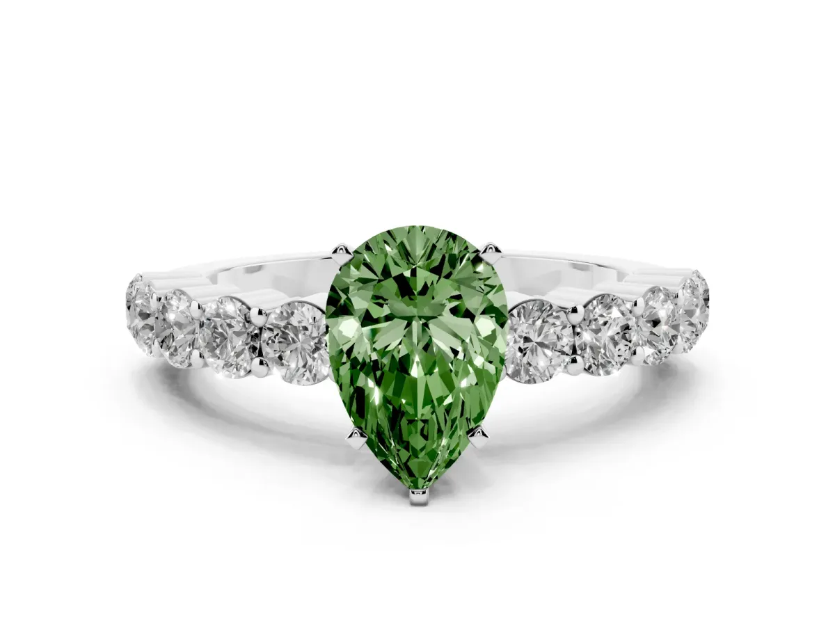 Fancy Green Pear Cut Diamond Solitaire Ring with Shared Prong Round Side Stones Silver