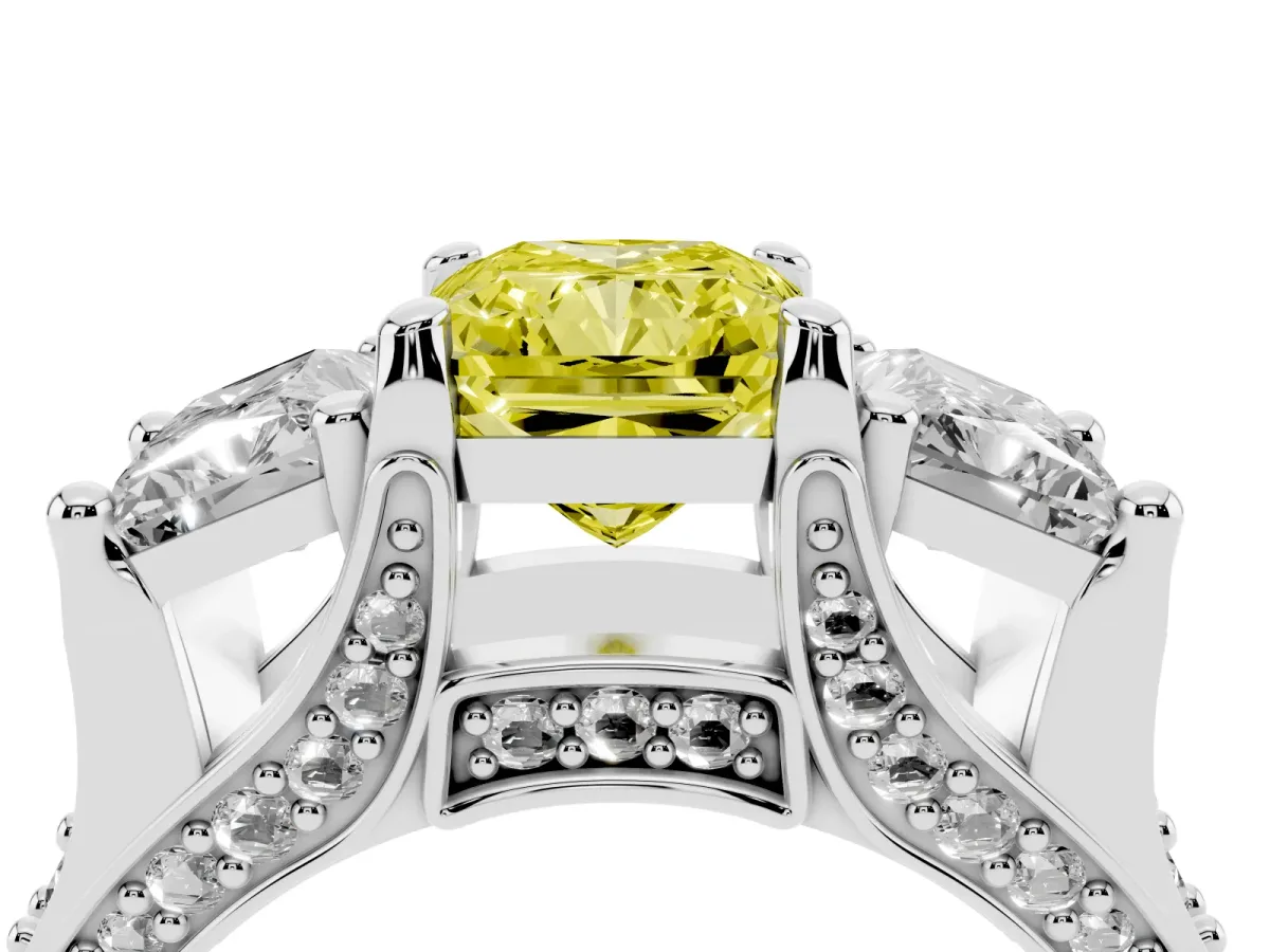 Fancy Yellow Radiant Cut Diamond Three-Stone Ring with Channel Set Band and Four-Prong Setting Silver