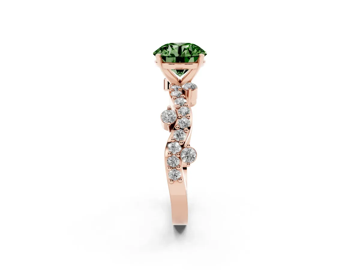 Fancy Green Round Cut Cut Solitaire Diamond Twisted Band with Pave Setting Rose gold