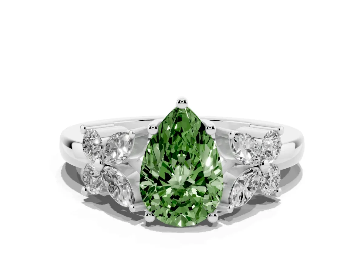 Fancy Green Pear Cut Diamond Floral Cluster Ring with Solitaire Band and Prong Setting Silver