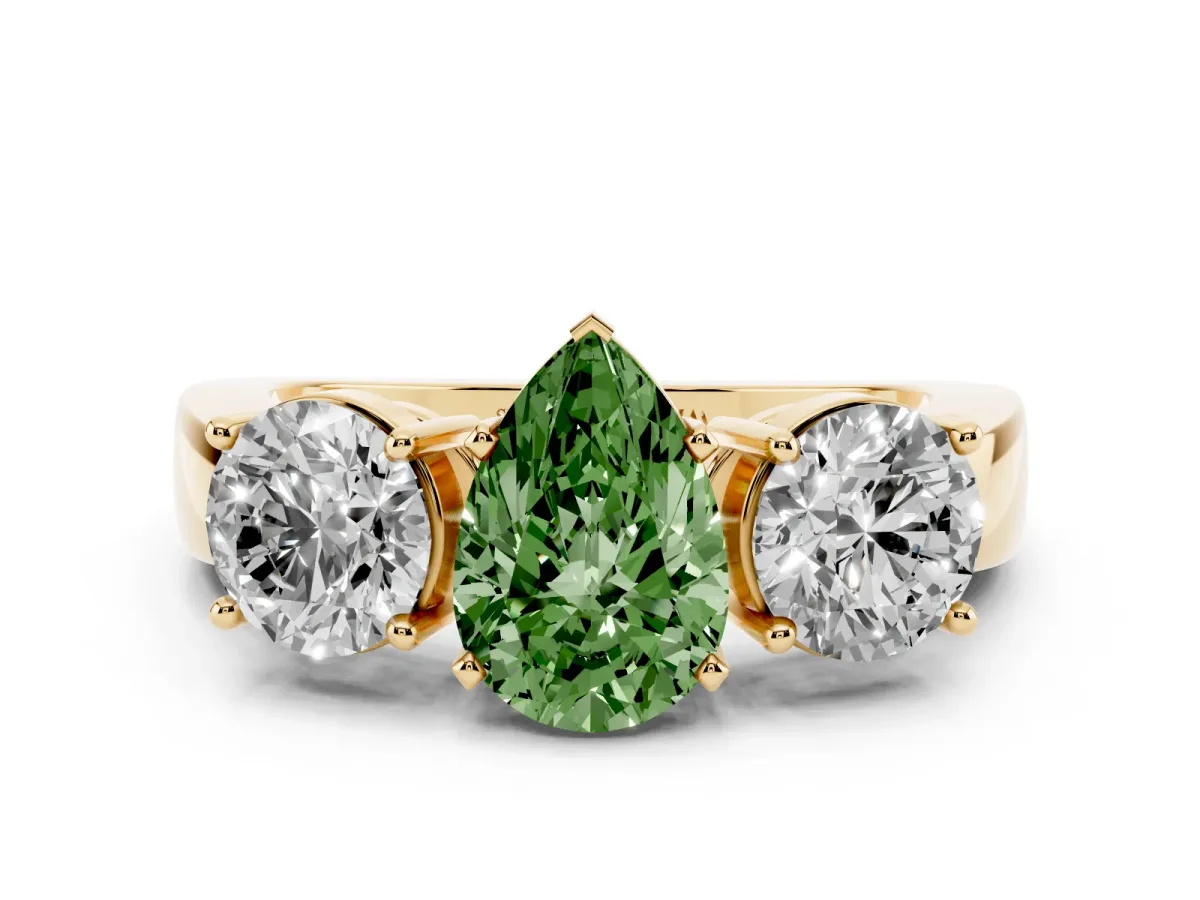 Fancy Green Three-Stone Pear Cut Diamond Ring with Round Side Stones, Classic Band, and Four-Prong Setting Yellow gold
