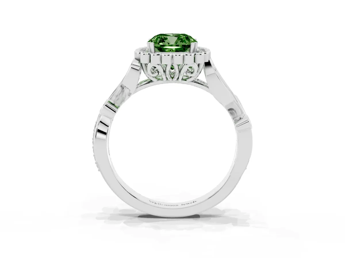 Fancy Green Cushion Cut Diamond Halo Ring with Vintage Split Shank and Four-Prong Setting Silver