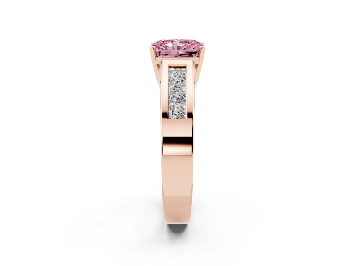 Fancy Pink Radiant Cut Cut Channel Set Solitaire Ring with Four-Prong Setting Rose gold