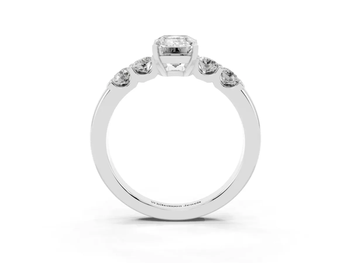Emerald Cut Brilliant Cut Diamond Five-Stone Prong Set Engagement Ring with Channel Band Silver