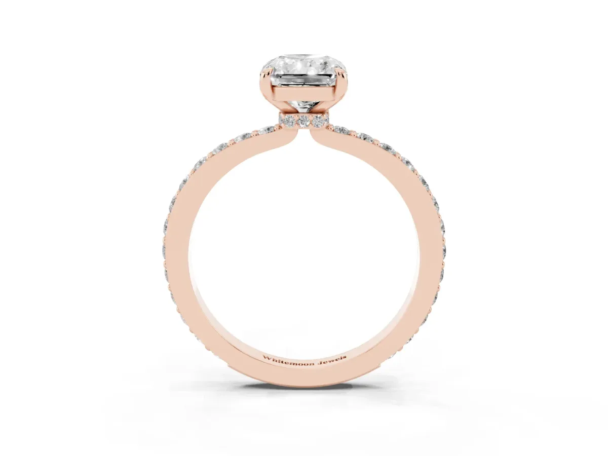 Radiant Cut Diamond Pavé Engagement Ring with Round Accents and Prong Setting Rose gold