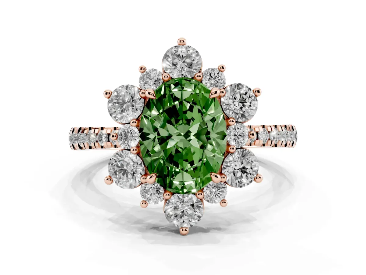 Fancy Green Oval Cut Diamond Floral Halo Ring with Round Pavé Band and Prong Setting Rose gold