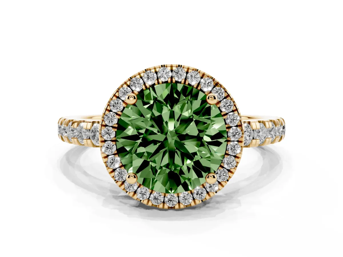 Fancy Green Round Cut Diamond Halo Ring with Pavé Band and Four-Prong Setting Yellow gold