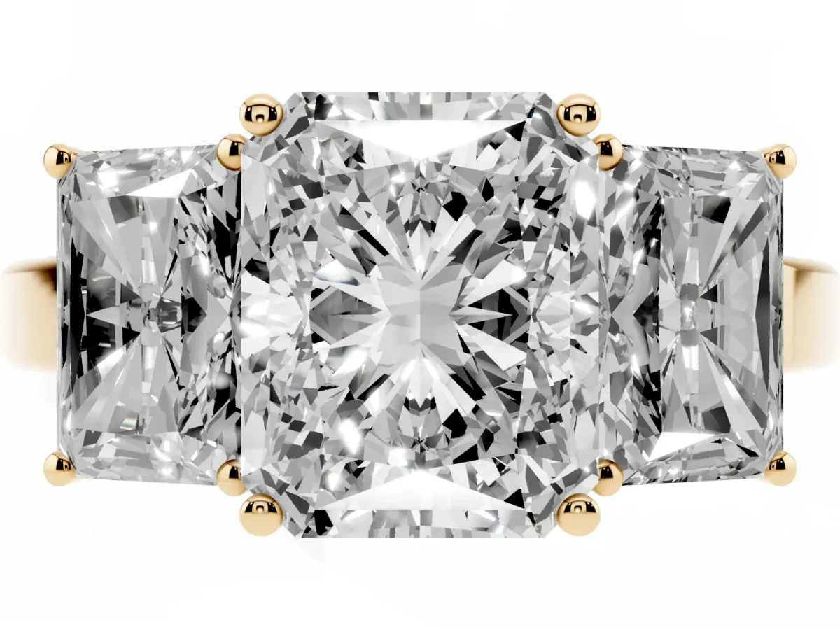 Three-Stone Radiant Cut Cut Diamond Engagement Ring with Flat Band and Four-Prong Setting Yellow gold