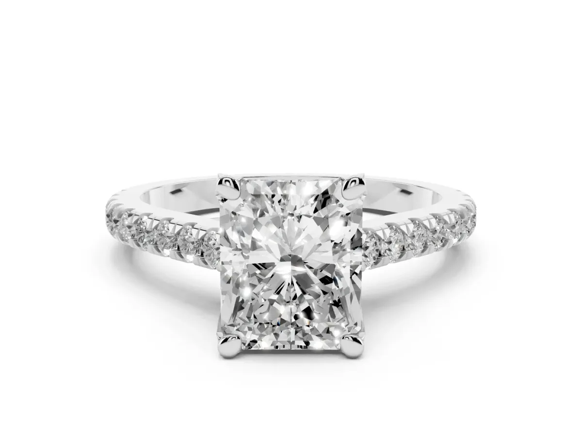 Radiant Cut Brilliant Diamond Solitaire with Pavé Band and Four-Prong Setting White gold