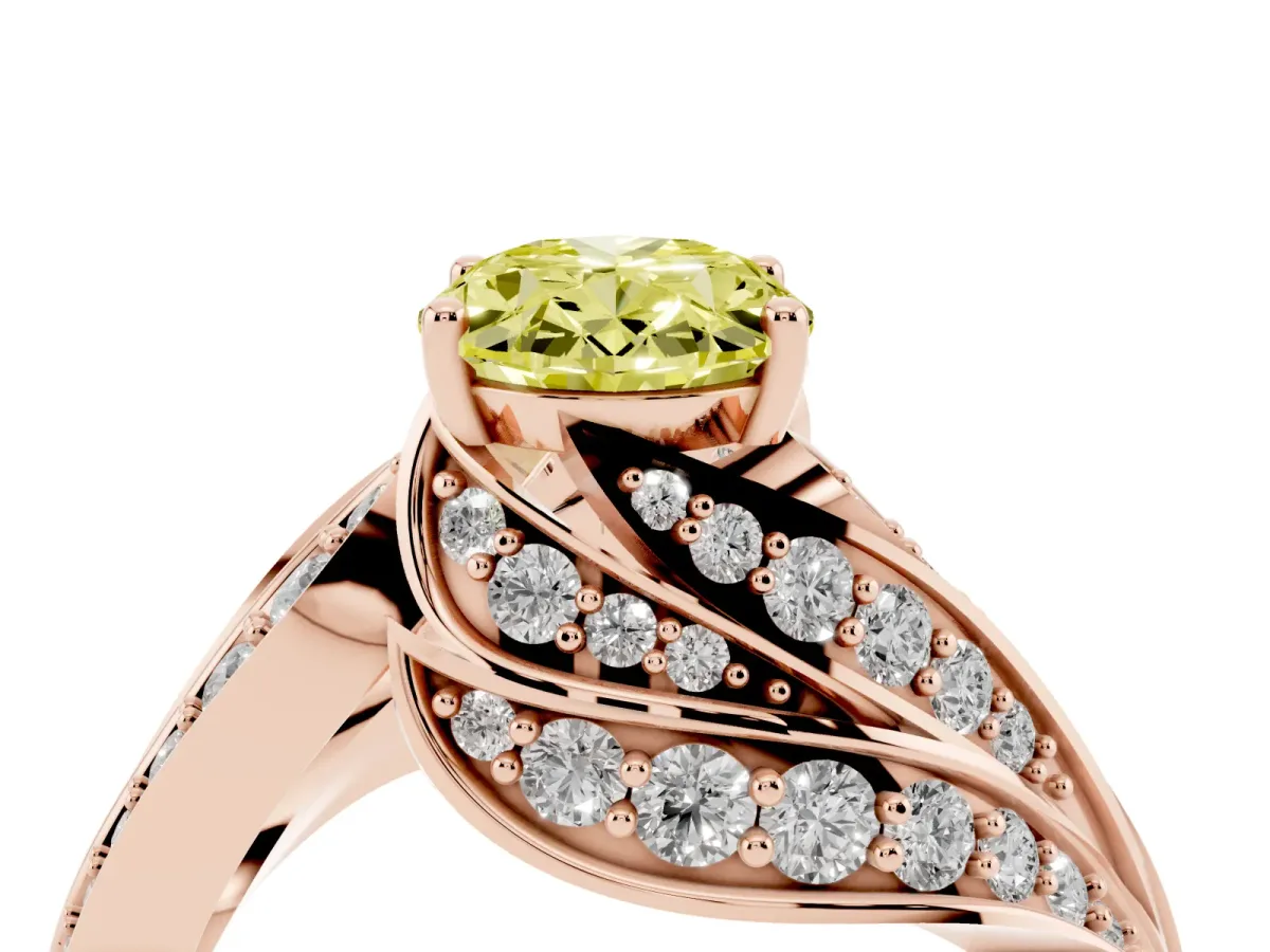 Fancy Yellow Oval Cut Diamond Solitaire Ring with Prong Setting and Twisted Pavé Band Rose gold